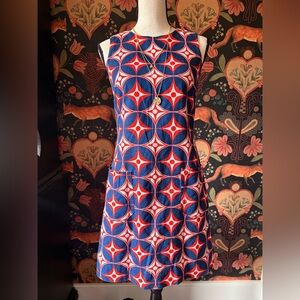 Lesley Evers Molly Shift Dress North Star Geometric Pattern Red Blue XS Mod